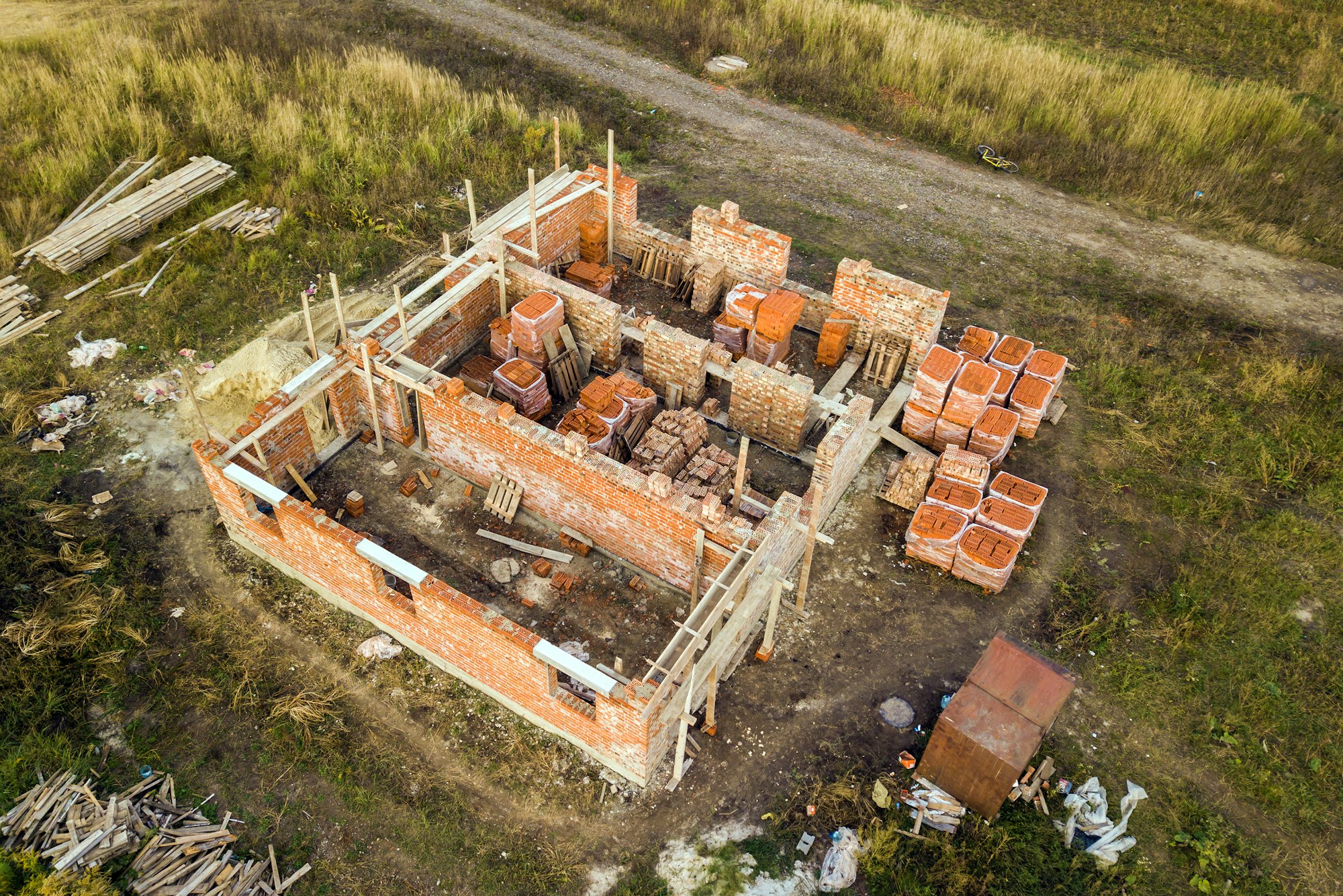 Aerial view of building site for future brick house